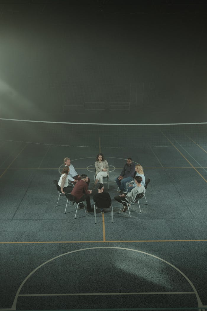 Multicultural support group sitting in a circle in a gym, discussing personal issues.